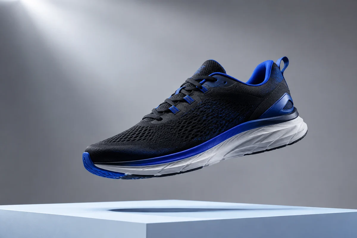 Charcoal technical running shoe with blue details.