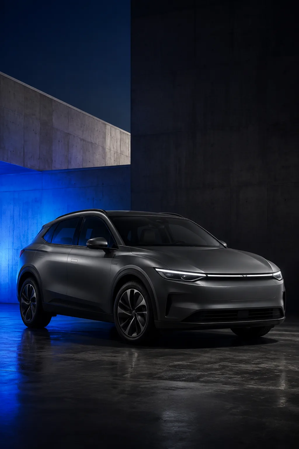 Graphite electric crossover in a dark architectural gallery.