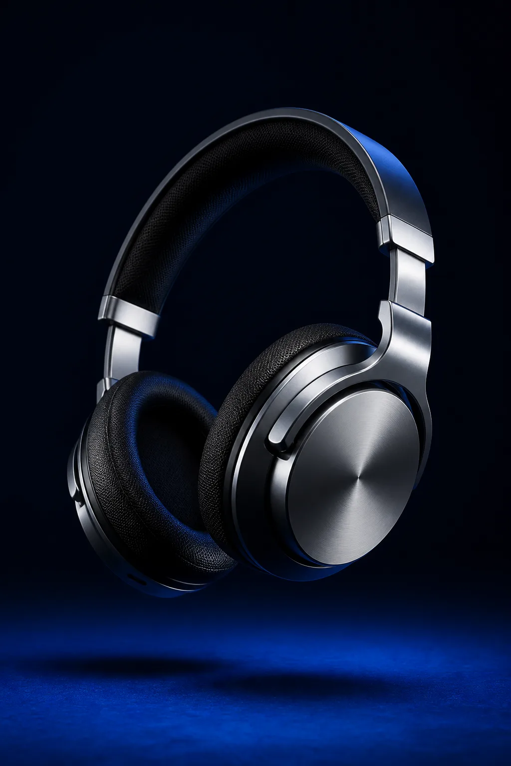 Premium over-ear headphones in a dark cobalt product scene.