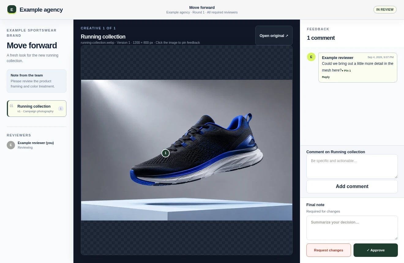 A client review workspace with pinned feedback and separate approval controls.
