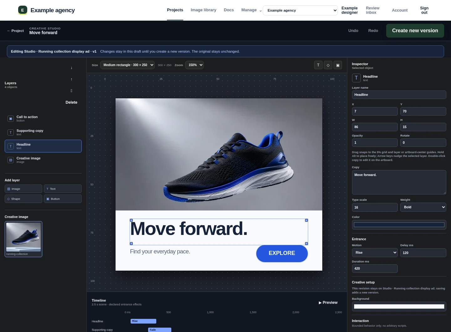 Creative Studio editing a display ad with the selected headline and its controls visible.